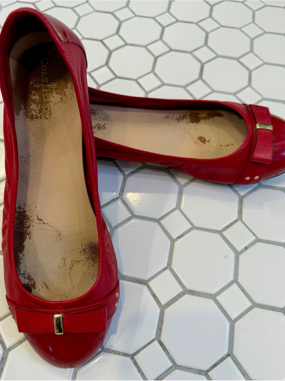 Cole Haan Red Patent Bow Flats with Gold Accent